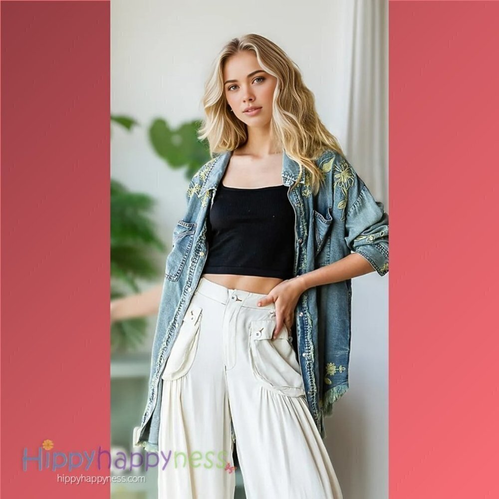 New Oli & Hali Oversized Denim-Look Embroidered Button Down Shirt NWOT - Picture 2 of 4